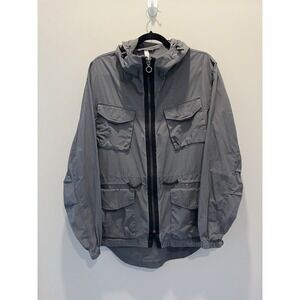 Zara Man Jacket Lightweight Sz M Gray Conch Waist Zipper Snap Button Hood‎